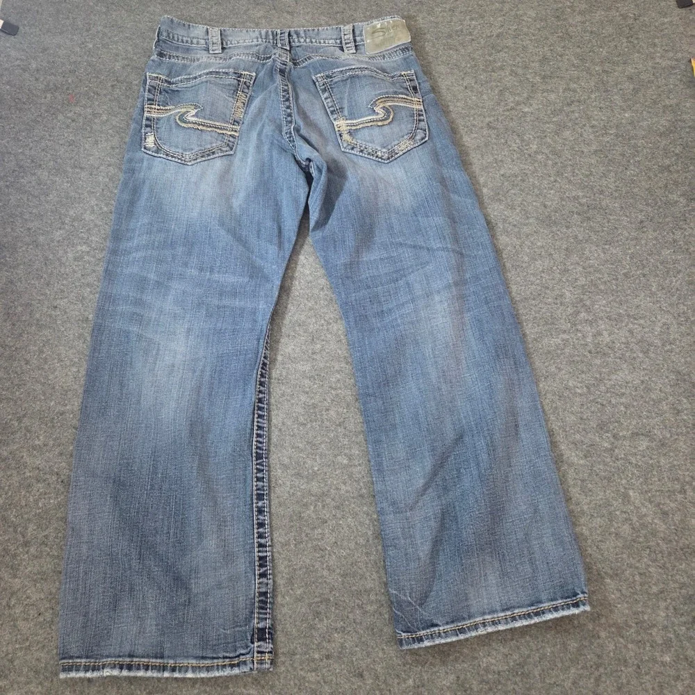 Silver Jeans Zac Mens 34x32 Light Wash Relaxed Straight Denim Jeans Distressed
